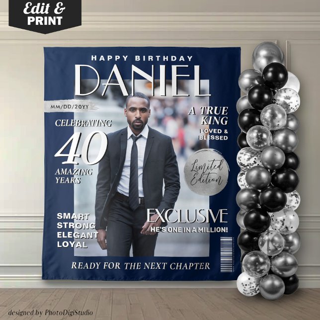Tenture Fond de scène élégant pour anniversaire - Couvertu (Birthday Custom Magazine Cover Backdrop for Men, Navy Blue Silver Banner Ste and Repeat Fashion)