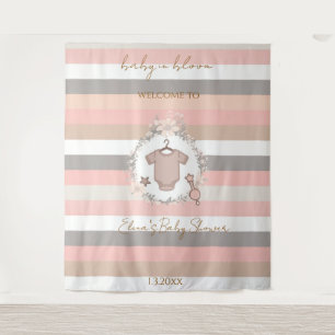 Tenture Fond de scène Fleur de bébé rayures grises rose