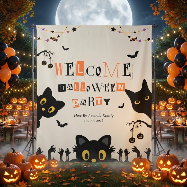 Tenture Fond de scène Halloween avec chat noir mignon (Créateur téléchargé)