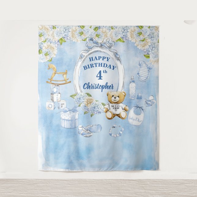 Tenture Fond de scène ours en peluche fleurs bleues annive (Devant)