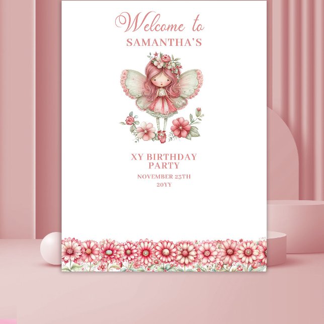 Tenture Fond de scène pour 5ème anniversaire Fée Florale F (Whimsy Floral Fairy Pink 5th Birthday Backdrop)