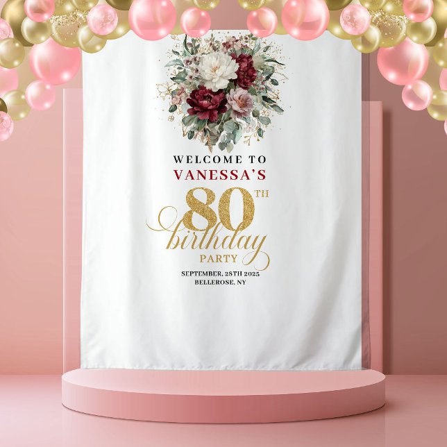 Tenture Fond de scène pour 80e anniversaire Blush Floral P (Premium Blush Floral 80th Birthday Backdrop)