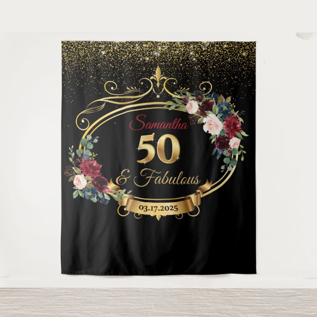 Tenture Fond de scène pour anniversaire floral Burgundy et (Devant)