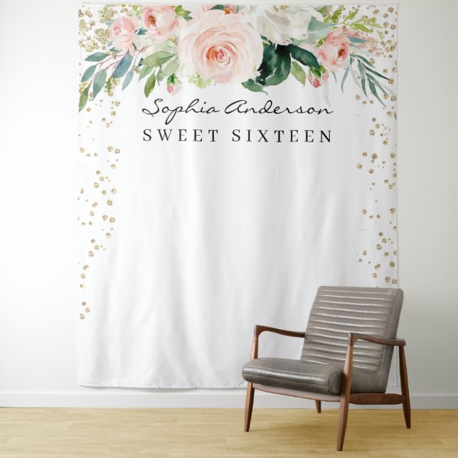 Tenture Fond de scène pour anniversaire Glam Gold Confetti (En situation)