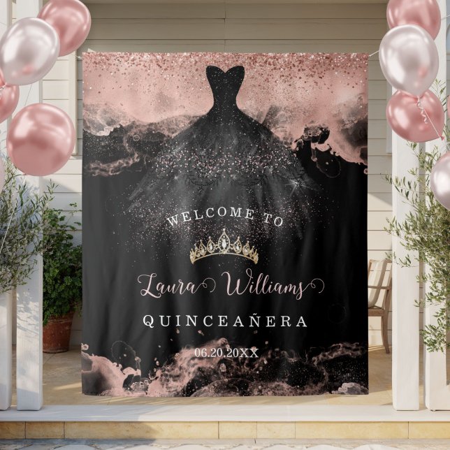 Tenture Fond de scène pour anniversaire Quinceañera noir e (Rose Gold Glitter Quinceanera Birthday Party Backdrop)