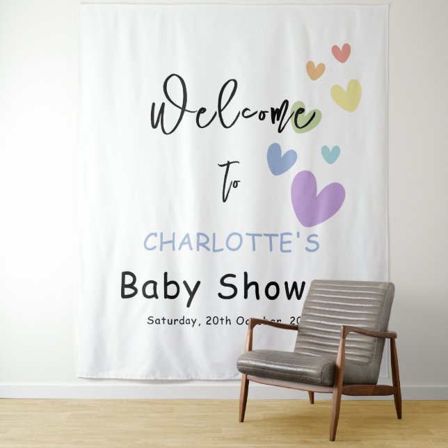 Tenture Fond de scène pour Baby Shower avec des cœurs mign (En situation)