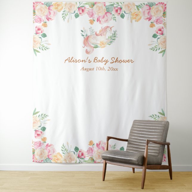 Tenture Fond de scène pour Baby Shower avec licorne rose e (En situation)
