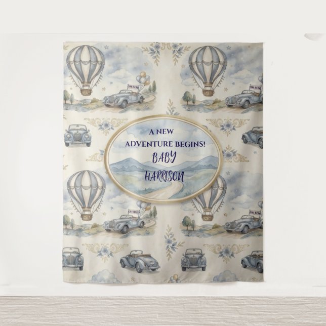 Tenture Fond de scène pour Baby Shower garçon avec montgol (Devant)