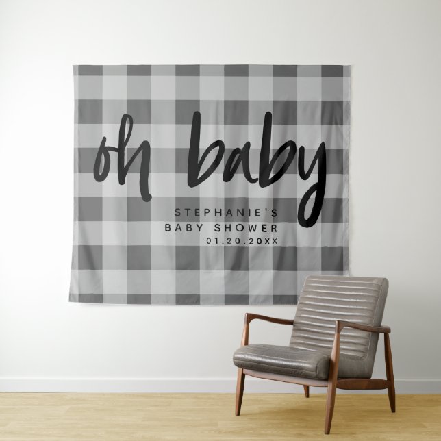 Tenture Fond de scène pour Baby Shower gris gingham modern (En situation (horizontale))