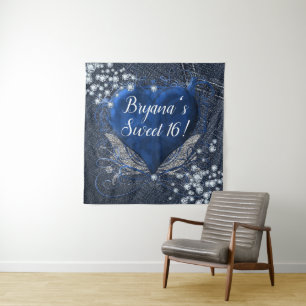 Tenture Fond de scène pour fête d'anniversaire Cœur Bleu D
