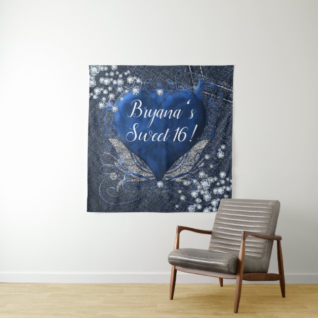 Tenture Fond de scène pour fête d'anniversaire Cœur Bleu D (En situation)