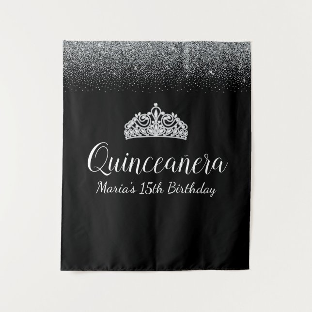 Tenture Fond de scène pour fête de Quinceanera noir et arg (Devant)