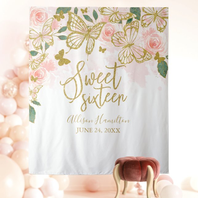 Tenture Fond de scène pour fête Sweet 16 Papillon Rose (Créateur téléchargé)
