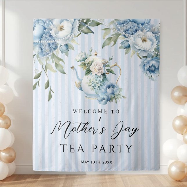 Tenture Fond de scène pour une fête de thé de la fête des  (Elegant Blue Floral Mother's Day Tea Party backdrop)