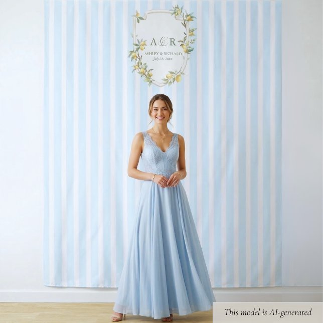 Tenture Fond de stand photo de mariage Citron Côtiers (elegant mediterranean lemon monogram crest coastal pale blue stripe wedding backdrop photo booth)