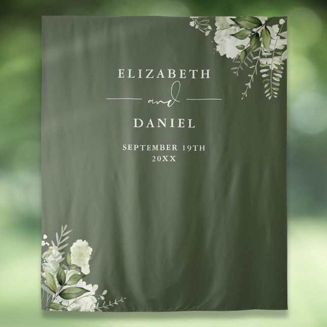Tenture Fond de stand photo de mariage floral vert olive (Olive Green Floral Wedding Photo Booth Backdrop)