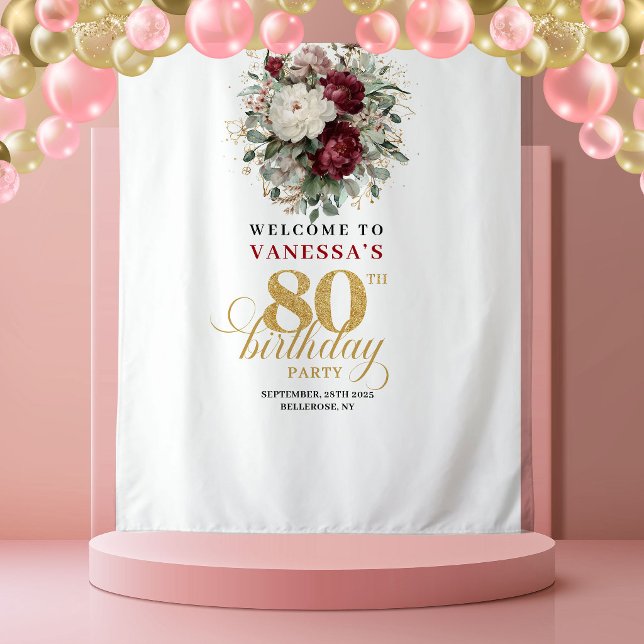 Tenture Fond de toile botanique Bourgogne 80e anniversaire (Botanical Burgundy 80th Birthday Backdrop)