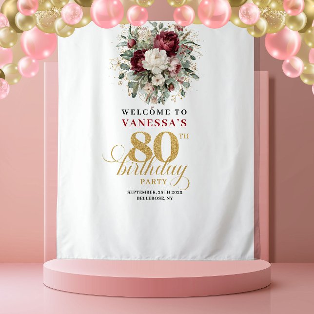 Tenture Fond de toile de fond Boho Blush Bourgogne 80e ann (Boho Blush Burgundy 80th Birthday Backdrop)