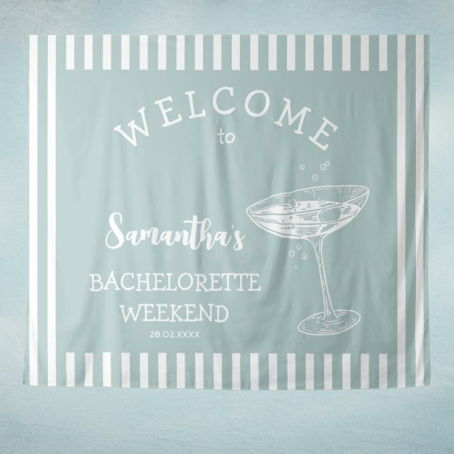 Tenture Fond de toile de fond de fête de bachelorette beig (Coastal Modern Bachelorette Party Backdrop Tapestry in nautical light blue and white stripes )