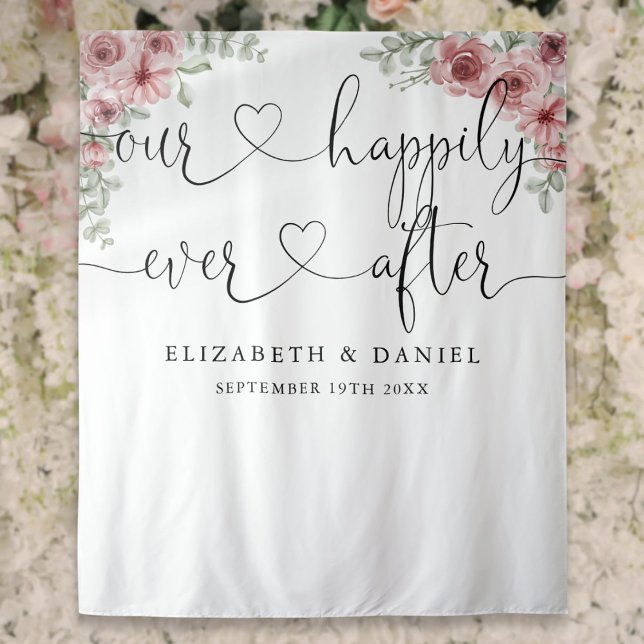 Tenture Fond de toile de fond de mariage avec roses et scr (Ever After Script Roses Wedding Photo Backdrop)