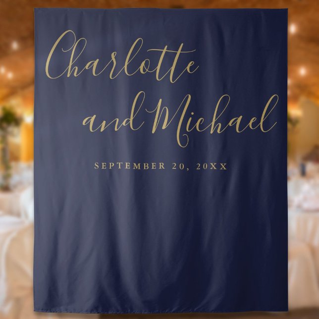 Tenture Fond de toile de fond de photomaton de mariage ble (Navy Blue And Gold Wedding Photo Booth Backdrop)