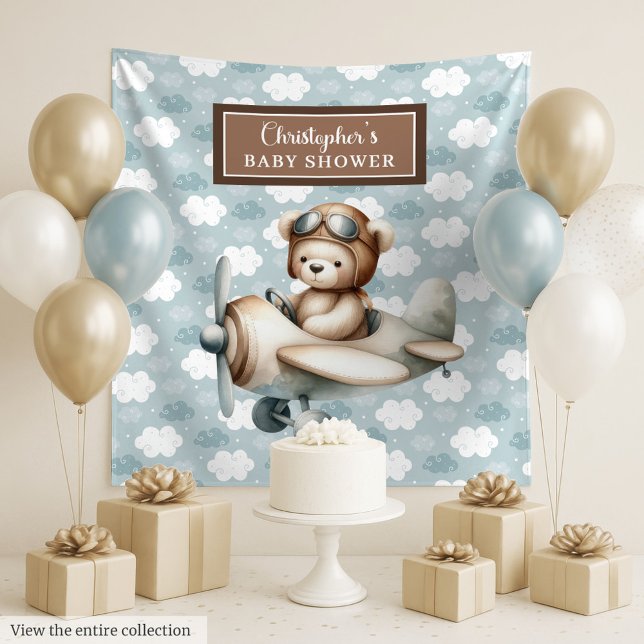 Tenture Fond de toile de fond fantaisiste pour une baby sh (Whimsical teddy bear pilot baby shower backdrop)