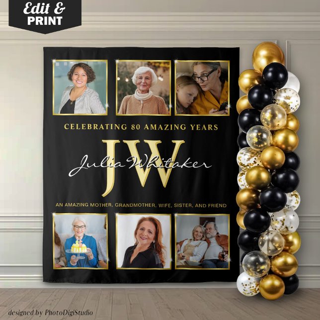 Tenture Fond de toile de fond personnalisé avec initiales  (Custom 80th Birthday Backdrop, Birthday Party Decor Gold, Personalized Initials and Photo Tapestry)