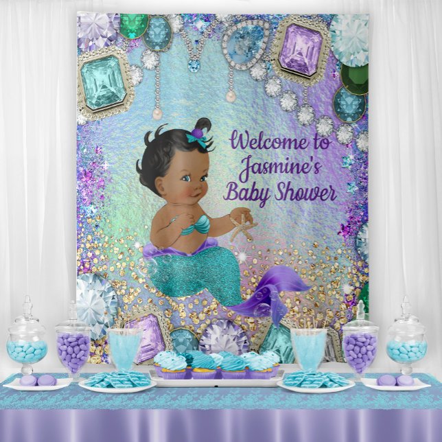 Tenture Fond de toile de fond pour Baby Shower de sirène J (You can change the text, font style, font color.)