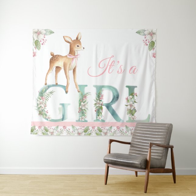 Tenture Fond de toile de fond pour Baby Shower Fille Cerf  (En situation (horizontale))