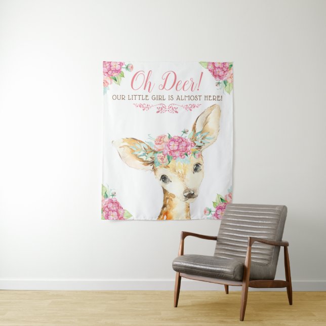 Tenture Fond de toile de fond pour Baby Shower Fille Cerf (En situation)