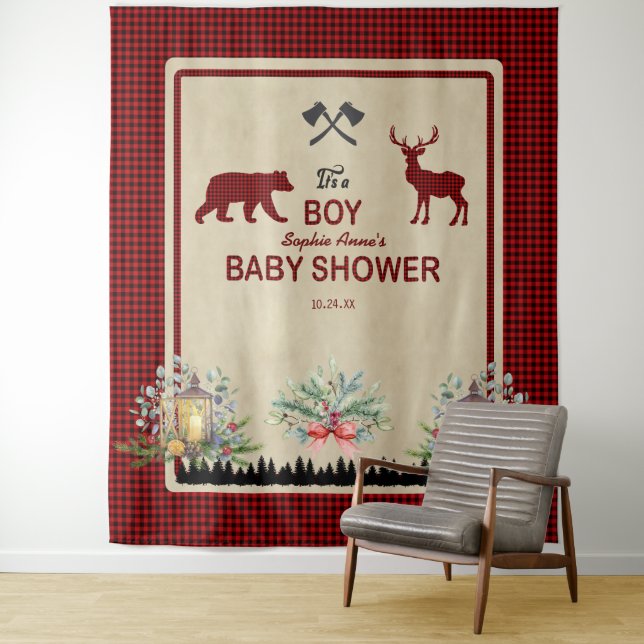 Tenture Fond de toile de fond pour Baby Shower Lumberjack  (En situation)