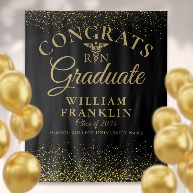 Tenture Fond de toile de fond pour photo de remise de dipl (Black Gold Nurse School Graduation Photo Backdrop)