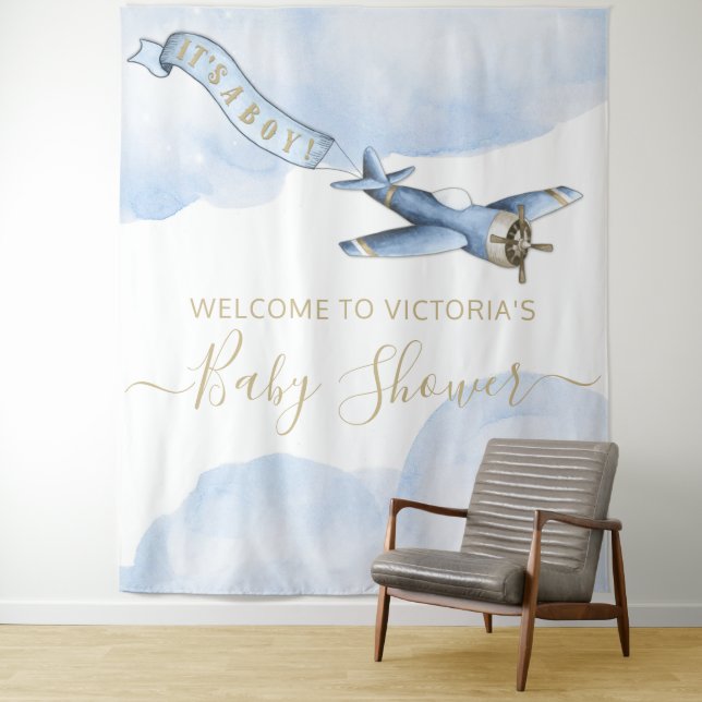 Tenture Fond de toile de fond XL pour Baby Shower d'avion  (En situation)