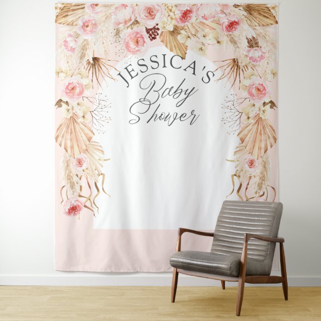 Tenture Fond de toilette de bébé fille Boho floral rose (En situation)