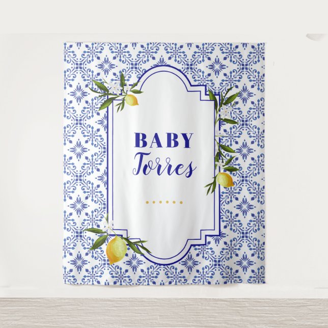 Tenture Fond de toilette de mariage citron et marine (Devant)
