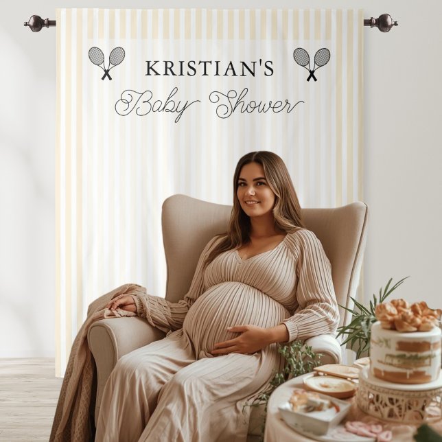 Tenture Fond de toilette pour bébé thème tennis jaune prép (elegant yellow striped preppy tennis theme baby shower backdrop photo booth decor for preppy chic)