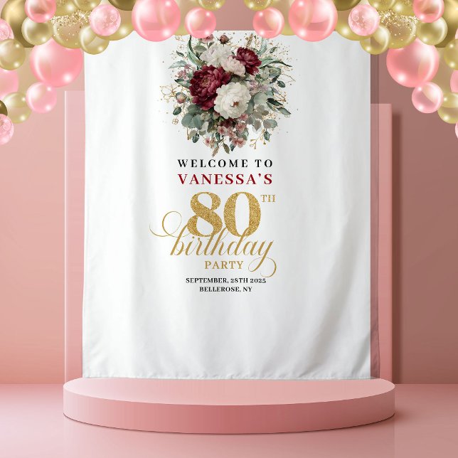 Tenture Fond délicat bordeaux pour 80e anniversaire (Delicate Burgundy 80th Birthday Backdrop)