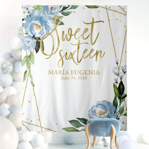 Tenture Fond floral bleu poussiéreux avec feuille d'or pou