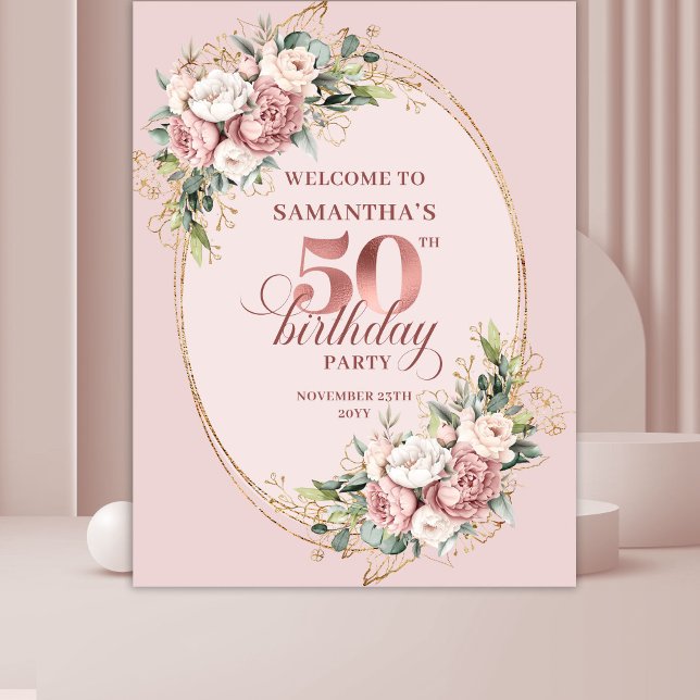 Tenture Fond floral de verdure rose élégant pour 50e anniv (Graceful Blush Floral Greenery 50th Birthday Backdrop)