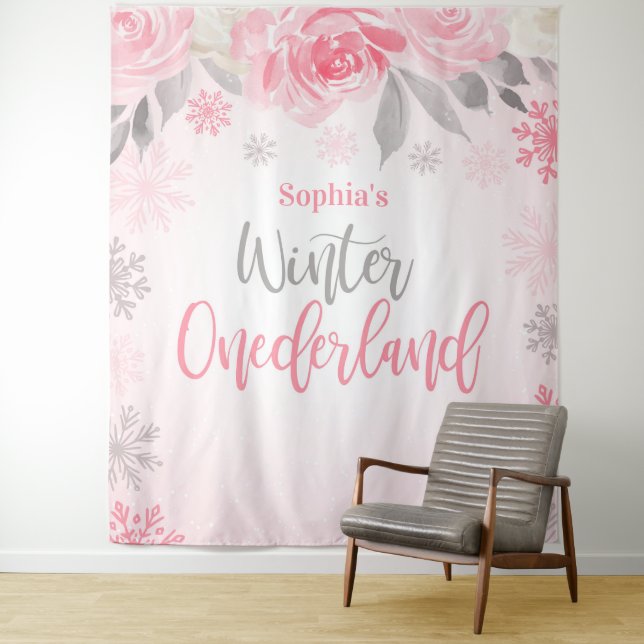 Tenture Fond floral gris rose pour ONEderland d'hiver (En situation)