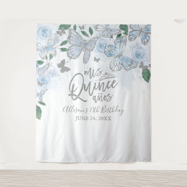 Tenture Fond floral papillons bleu bébé pour Quinceanera (Devant)