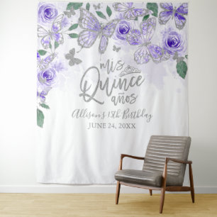 Tenture Fond floral papillons violets pour Quinceanera