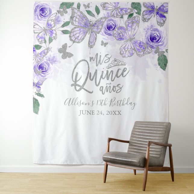 Tenture Fond floral papillons violets pour Quinceanera (En situation)