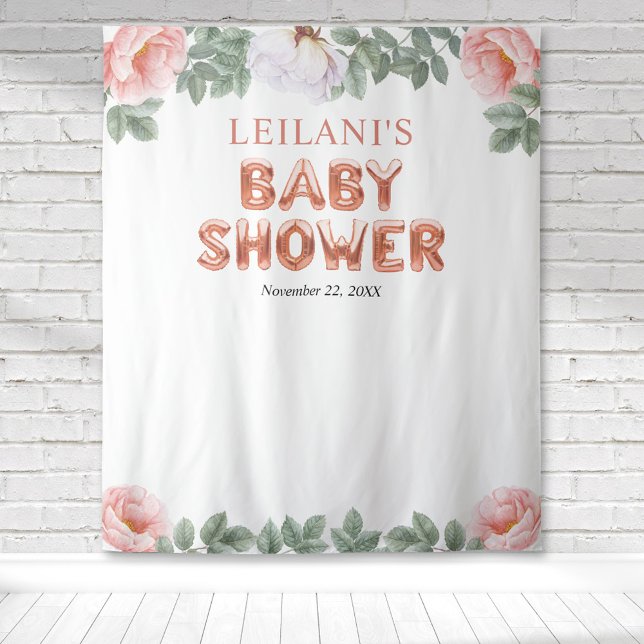 Tenture Fond floral rose gold pour Baby Shower fille avec  (Pink and white peony with rose gold balloon lettered baby shower for a botanical backdrop for photos)