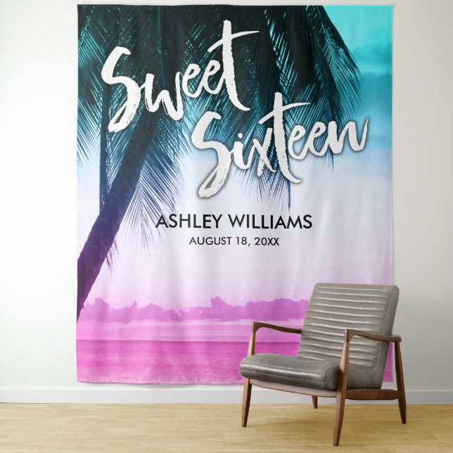 Tenture Fond moderne turquoise rose tropical luau Sweet 16 (En situation)