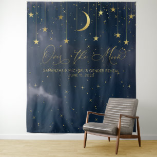 Tenture Fond Over the Moon, Fond pour Baby Shower, Bleu Nu