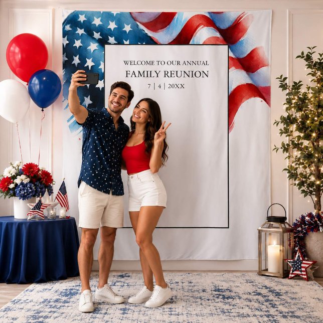Tenture Fond patriotique Drapeau américain Rouge Blanc Ble (Guests taking selfies in front of patriotic American flag party photo booth backdrop)