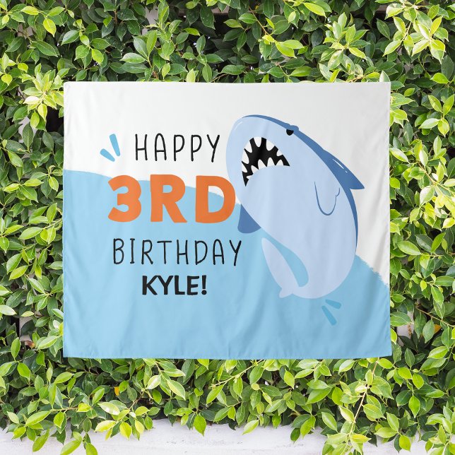 Tenture Fond personnalisé pour l'anniversaire des enfants  (Kids 3rd Shark Birthday Party Custom Backdrop
)