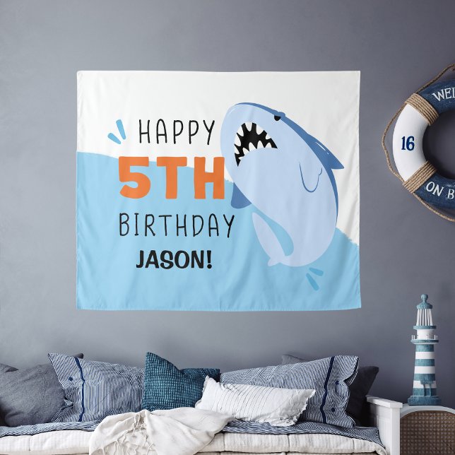 Tenture Fond personnalisé pour l'anniversaire des enfants  (Shark Kids 5th Birthday Backdrop Custom
)