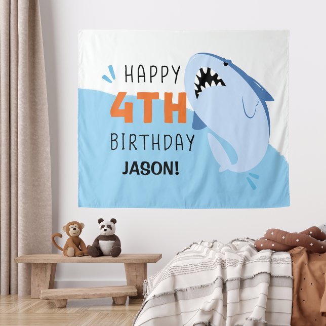Tenture Fond personnalisé pour les 4 ans de votre enfant t (Kids Shark 4th Birthday Backdrop Custom
)